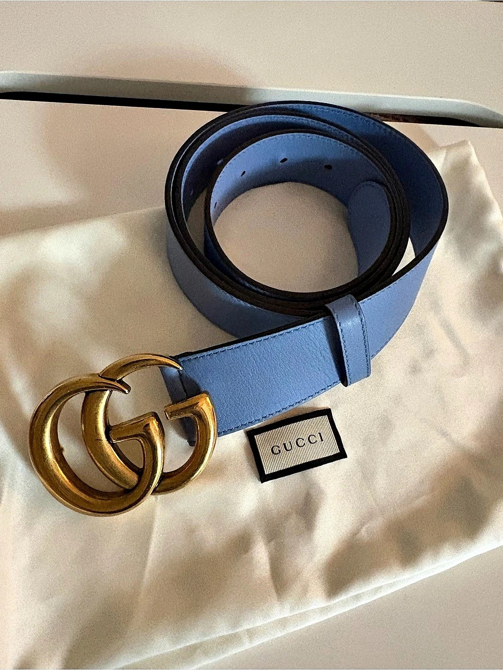GUCCI GG Marmont Leather Belt in Cornflower Blue Size 100